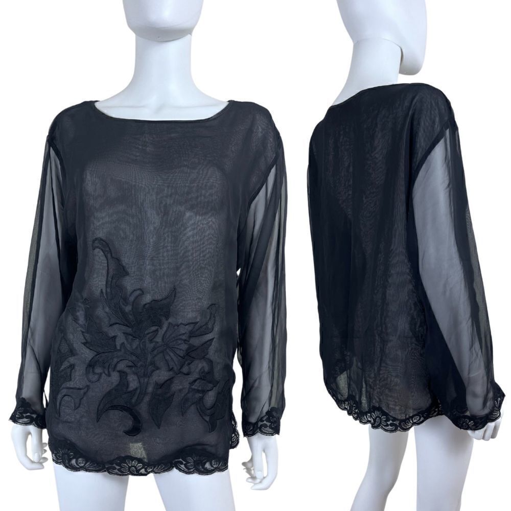 Vintage Victoria's Secret Women Size M Black Sheer Floral Lace Tunic Top Blouse